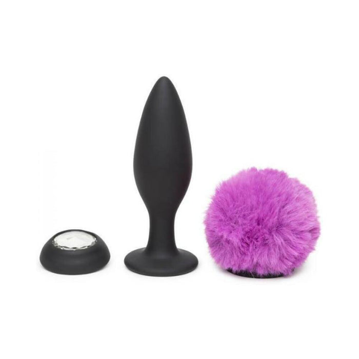 Happy Rabbit Rechargeable Vibrating Butt Plug With Interchangeable Gem And Purple Puff Large | SexToy.com