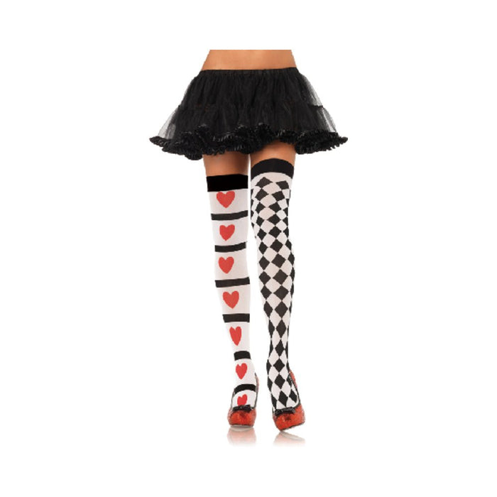 Harlequin Heart Thigh High Os Wht/red - SexToy.com