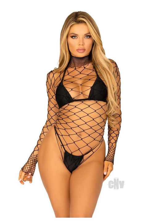 High Neck Fence Net Long Sleeved Bodysuit - One Size - Black - SexToy.com