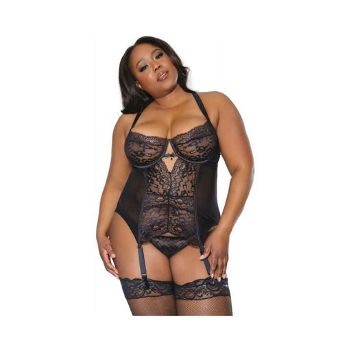 Holiday Scallop Stretch Lace Bustier W/bow & Thong Black 3x/4x - SexToy.com