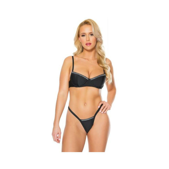 Holiday Stretch Knit Bra W/rhinestone Trim & G-string Black/silver Lg - SexToy.com