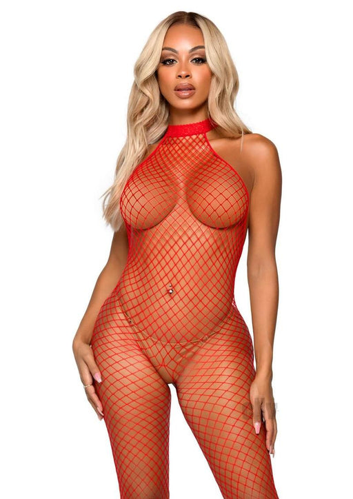 Industrial Net Racer Neck Backless Bodystocking - One Size - Red - SexToy.com