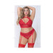 Lace & Netting Long Line Bra, Garter Belt & Open Crotch Thong Red 1x/2x - SexToy.com