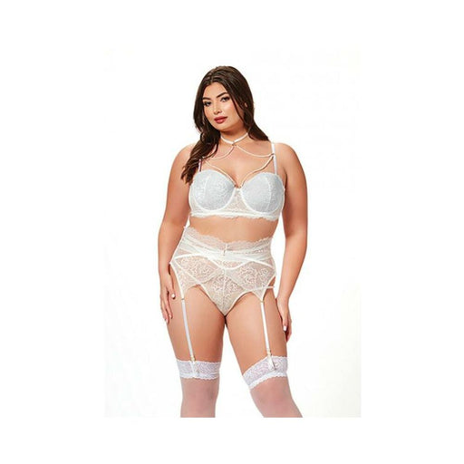 Lace & Pearl Bra, Garter Belt & Thong White 1x/2x - SexToy.com