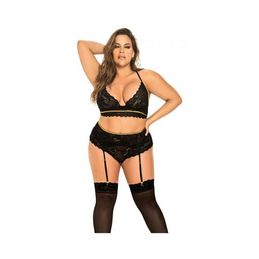 Lace Underwire Bra, Thong & Garterbelt W/lace Up Detail Black 1x/2x - SexToy.com