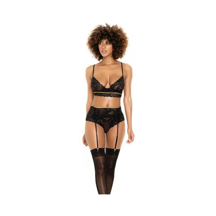 Lace Underwire Bra, Thong & Garterbelt W/lace Up Detail Black M/l - SexToy.com