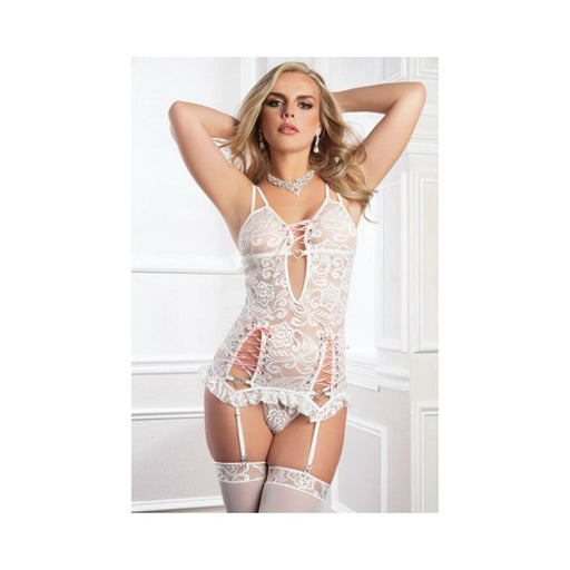 Lace Up Cheeky Garter Dress, Laced Thong & Stockings White/baby Pink O/s - SexToy.com