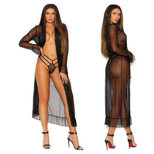 Long Sleeve Dotted Mesh Robe & Panty-Black 1X - SexToy.com