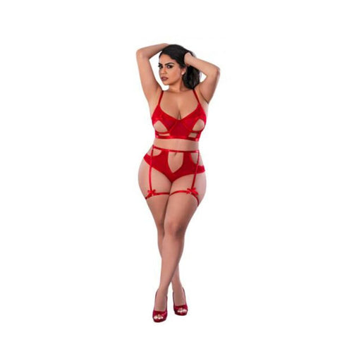 Magic Silk Holidaze Bralette, High Waist Panty Set With Removable Garters Red Queen Size - SexToy.com