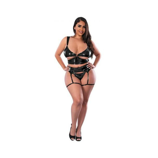 Magic Silk Liquid Onyx Cut Out Bralette, Panty And Stirrup Garter Black Queen Size - SexToy.com