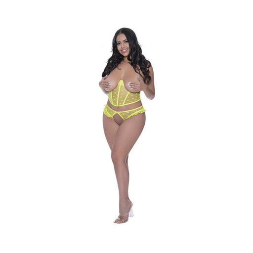 Magic Silk Love Star Cupless Bustier & Open Crotch Panty Set Neon Chartreuse Queen Size | SexToy.com