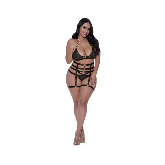 Magic Silk Rude Awakening Bralette, Thigh High Garter & Cheeky Panty Set Black Queen Size | SexToy.com