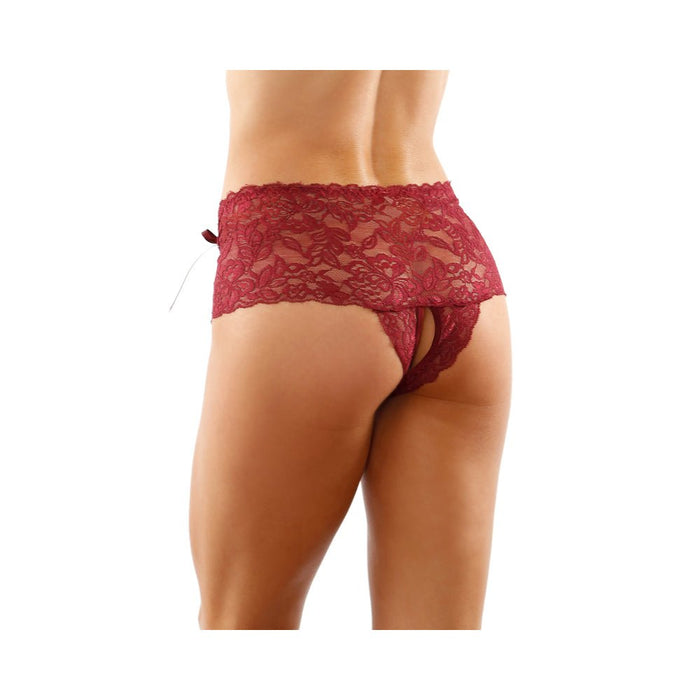 Magnolia Crotchless Lace Boyshort With Lace-up Panel Details Garnet S/m - SexToy.com