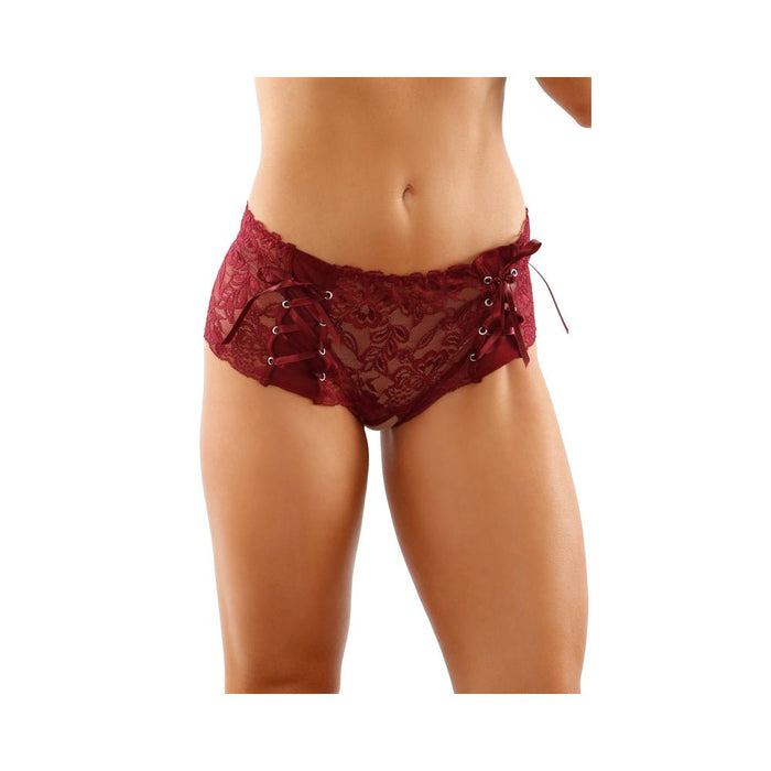 Magnolia Crotchless Lace Boyshort With Lace-up Panel Details Garnet S/m - SexToy.com