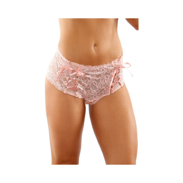 Magnolia Crotchless Lace Boyshort With Lace-up Panel Details Light Pink L/xl - SexToy.com