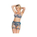 Metallic Scallop Stretch Lace & Sheer Mesh Bra, Garter Belt & Thong Teal/rose Gold Lg - SexToy.com