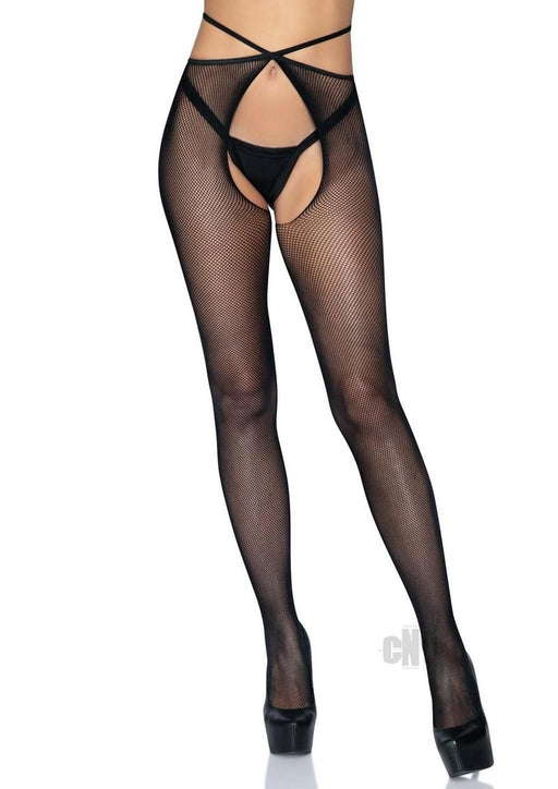 Micro Net Strappy Crotchless Tights - One Size - Black - SexToy.com