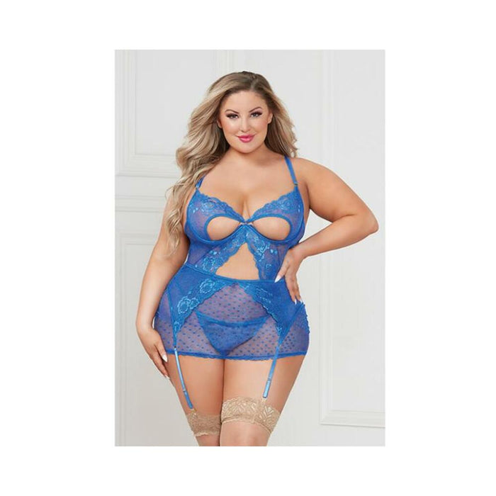 Peek A Boo Cup Chemise W/outer Garterbelt Blue Qn - SexToy.com