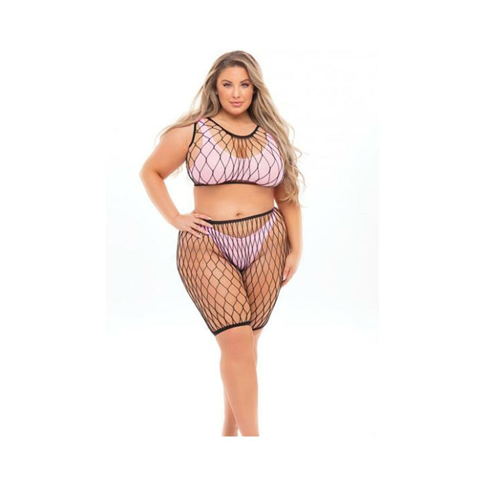 Pink Lipstick Brace For Impact Large Fishnet Top, Shorts, Bra & Thong (fits Up To 3x) Pink Qn - SexToy.com