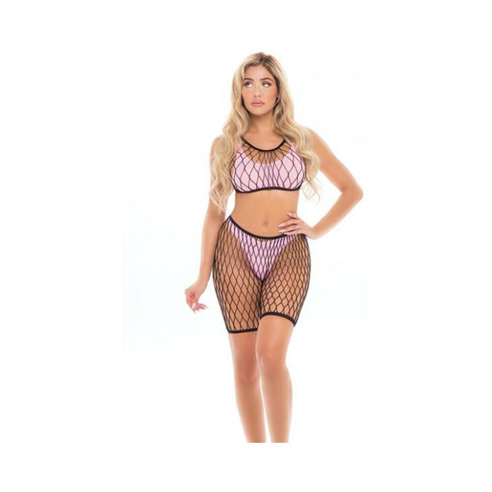 Pink Lipstick Brace For Impact Large Fishnet Top, Shorts, Bra & Thong Pink O/s - SexToy.com