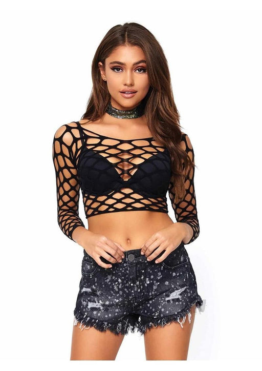 Pothole Net Long Sleeve Crop Top Os Blk - SexToy.com