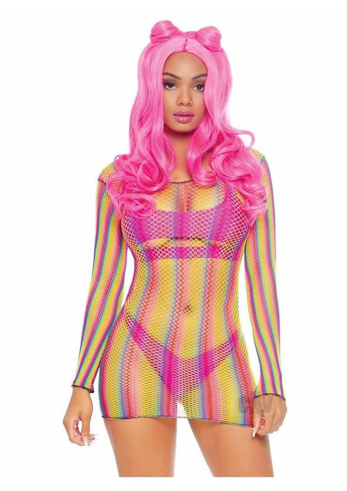 Rainbow Fishnet Long Sleeved Mini Dress - One Size - Rainbow - SexToy.com