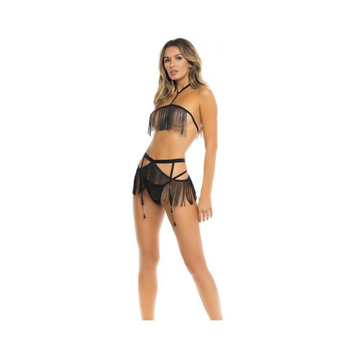 Rene Rofe Rassel Tassle Bra, Skirt & G-string Black S/m - SexToy.com