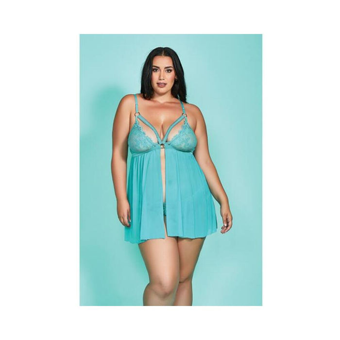 Riley Eyelash Lace Soft Cup Babydoll & Panty Teal 1x - SexToy.com