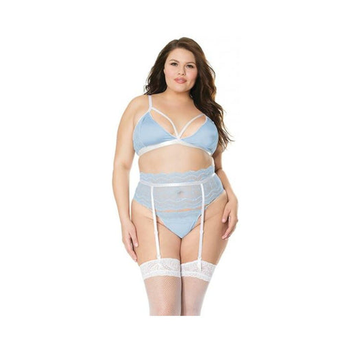 Scallop Stretch Lace Bra, Garter Belt & G-string Light Blue/white 2x - SexToy.com