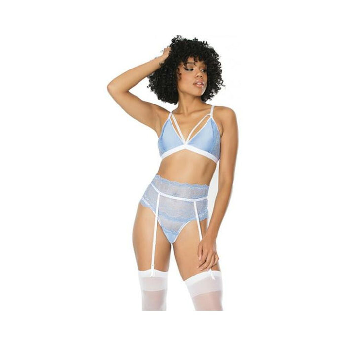 Scallop Stretch Lace Bra, Garter Belt & G-string Light Blue/white S/m - SexToy.com