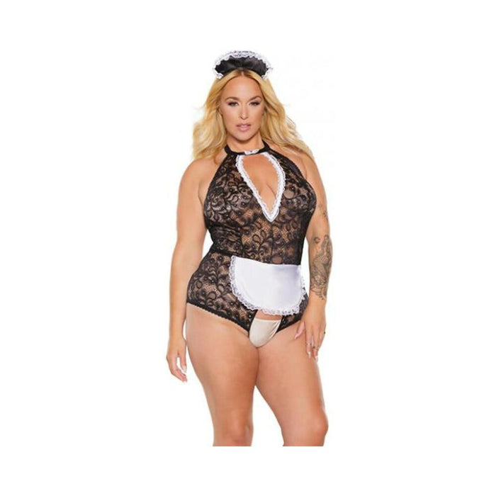 Scallop Stretch Lace Crotchless Maid Teddy W/headpiece Black/white Os/xl - SexToy.com