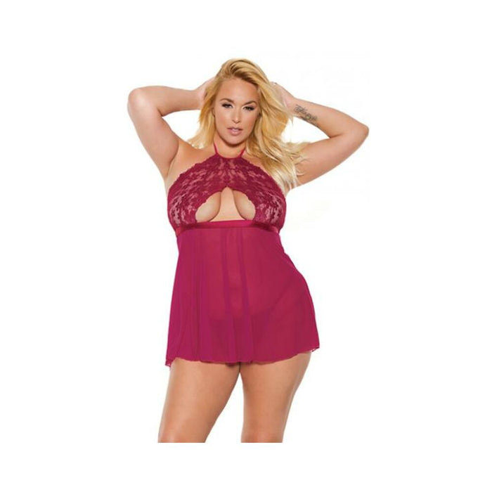 Scallop Stretch Lace & Sheer Mesh Halter Babydoll & Adjustable Thong Raspberry Os/xl - SexToy.com