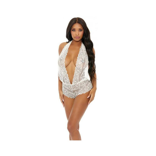 Sheer Lace Deep V Halter Bodysuit W/open Crotch White Lg - SexToy.com