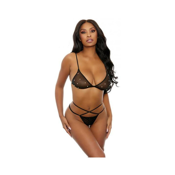 Sheer Mesh Pearl Bra & Strappy Pearl Panty Black O/s - SexToy.com