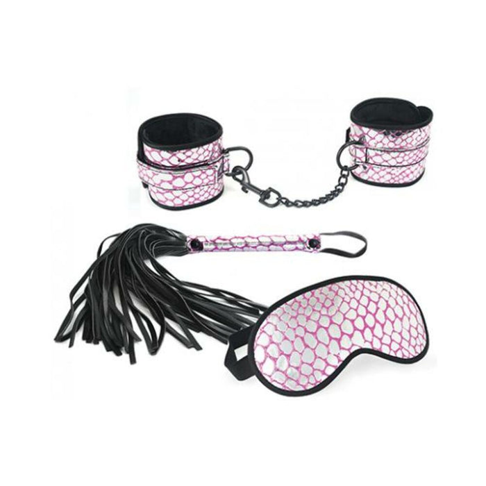 Spartacus Faux Leather Wrist Restraints Blindfold & Flogger Bondage Kit - Pink - SexToy.com