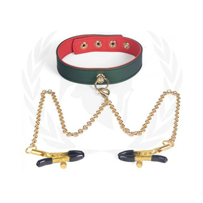 Spartacus Pu Collar W/nipple Clamps - Green - SexToy.com