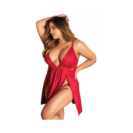 Stretch Babydoll W/lace & G-string Red 2x/3x - SexToy.com