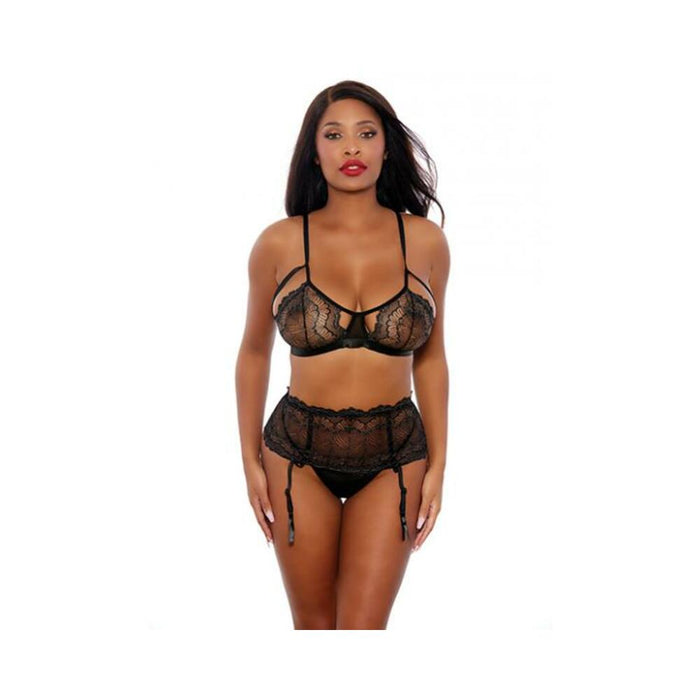 Two Tone Scalloped Lace Bra, High Waist Garter Belt & G-string Black/silver Lg - SexToy.com