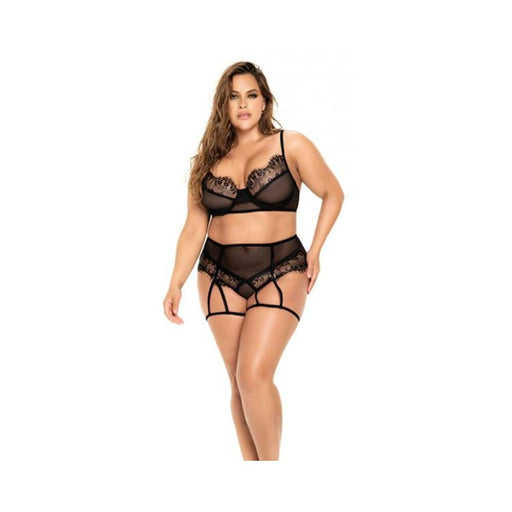 Underwire Mesh & Lace Top W/bottom & Attachable Garters Black 1x/2x - SexToy.com