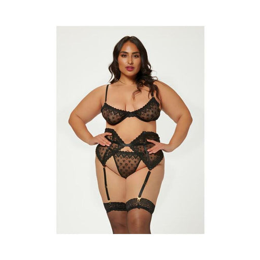 Valentines Heart Embroidered Mesh Bra, Waspie & Panty Black 1x/2x - SexToy.com