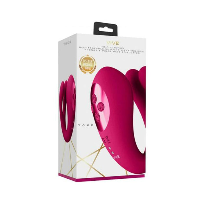 Vive Yoko Rechargeable Triple Action Silicone Vibrator Dual Prongs With Clitoral Pulse Wave Pink - SexToy.com