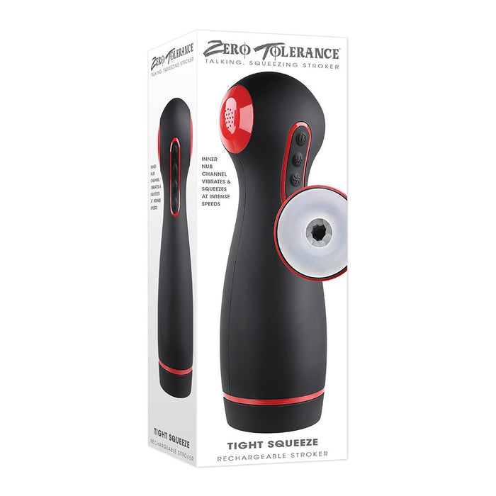 Zero Tolerance Tight Squeeze Rechargeable Vibrating Squeezing Talking Stroker Tpe Black/red - SexToy.com