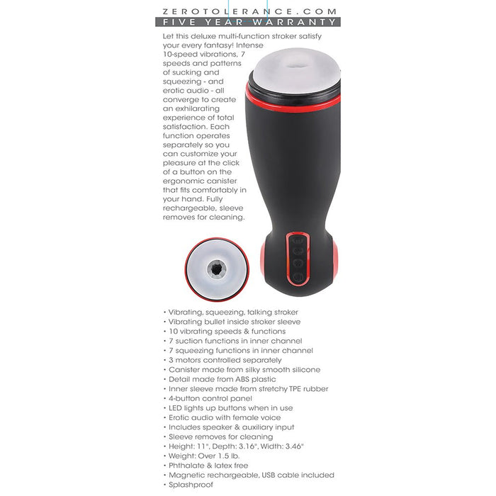 Zero Tolerance Tight Squeeze Rechargeable Vibrating Squeezing Talking Stroker Tpe Black/red - SexToy.com